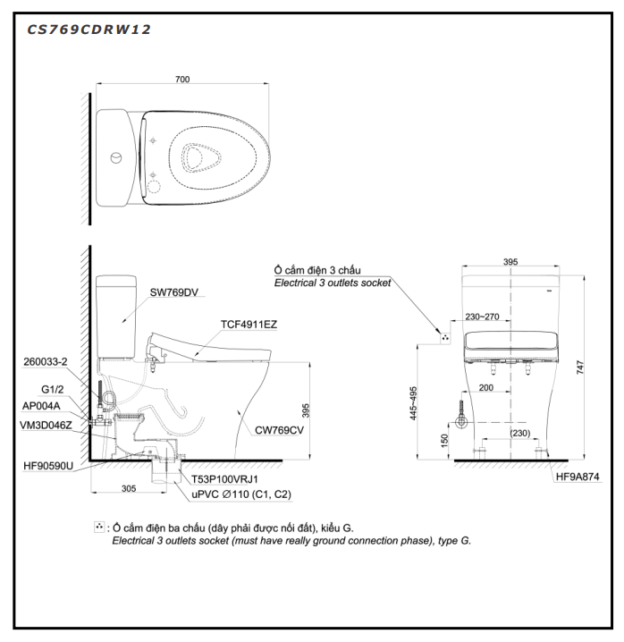 Bồn cầu TOTO CS769CDRW12 2 khối nắp điện tử Washlet S7 TCF4911EZ giấu dây CS769CDRW12#XW - 2