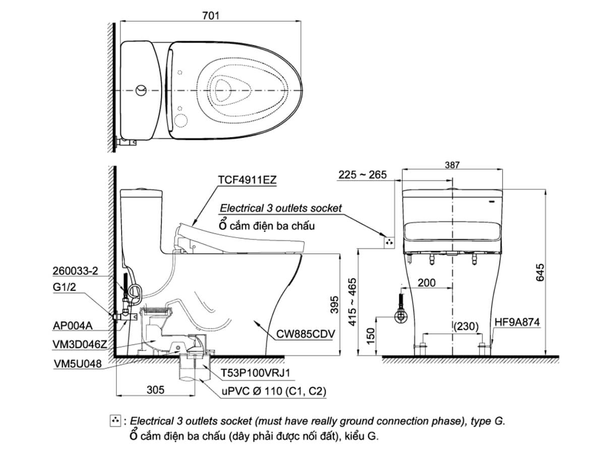 Bồn cầu TOTO MS885CDW12 1 khối nắp điện tử Washlet S7 TCF4911EZ giấu dây MS885CDW12#XW - 2