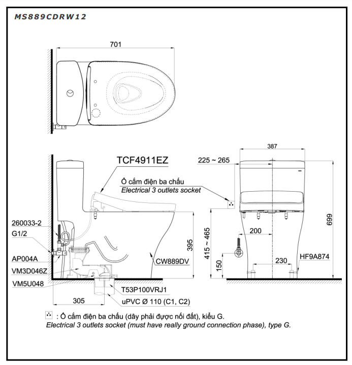 Bồn cầu TOTO MS889CDRW12 1 khối nắp điện tử Washlet S7 TCF4911EZ giấu dây MS889CDRW12#XW - 2