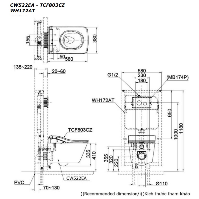 Bồn cầu treo tường điện tử SW (giấu dây) TOTO CW522EA TCF803CZ WH172AT MB171M CW522EA#NW1/TCF803CZ#NW1/WH172AT/MB171M#SS - 5