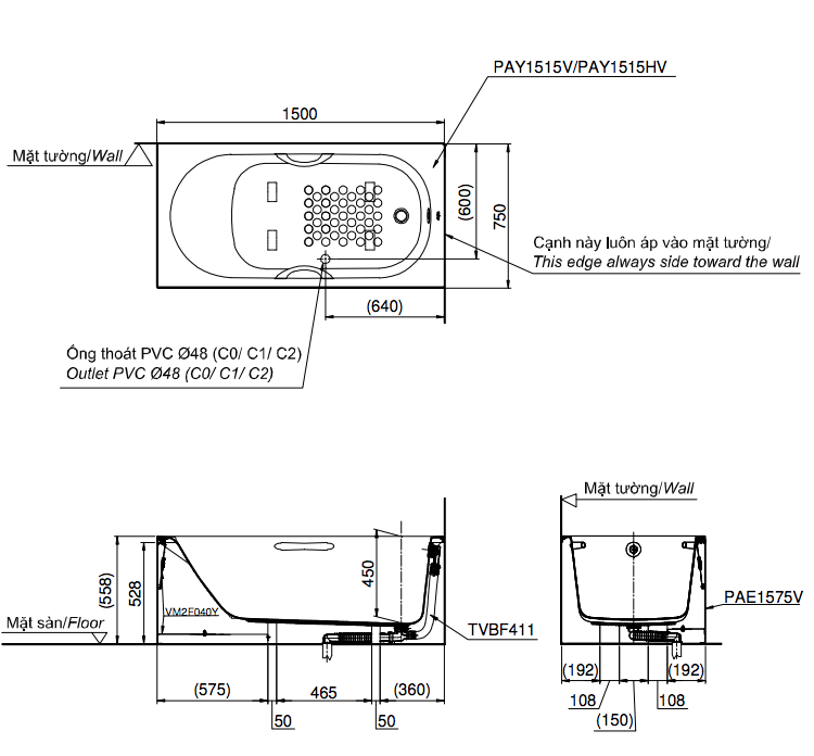 Bồn tắm yếm TOTO PAY1515HVC kèm bộ xả TVBF411 - 4