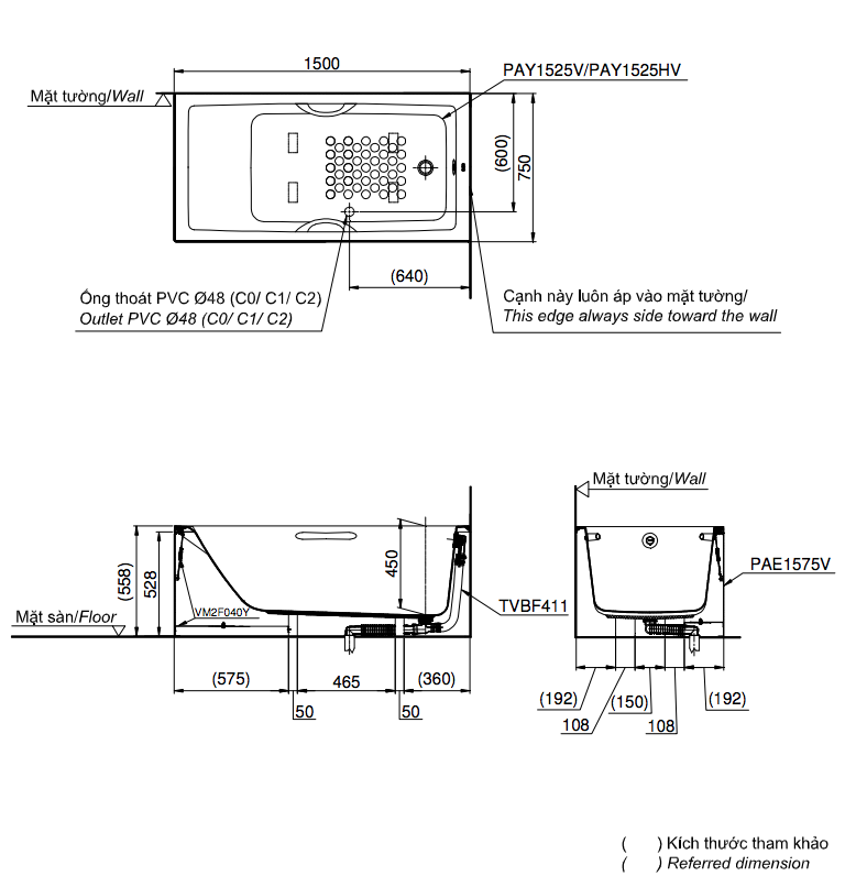 Bồn tắm yếm TOTO PAY1525VC kèm bộ xả TVBF411 - 4