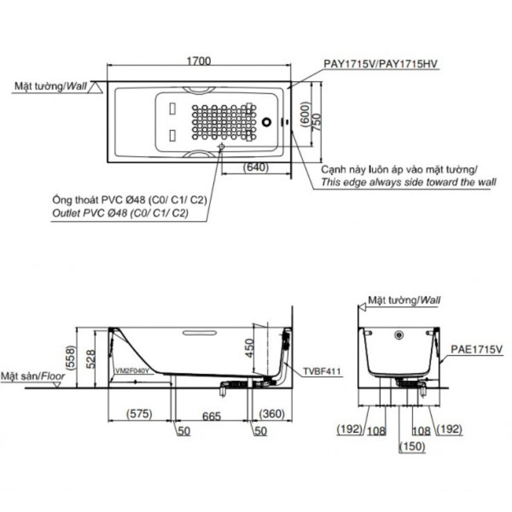 Bồn tắm yếm TOTO PAY1715VC kèm bộ xả TVBF411 - 4