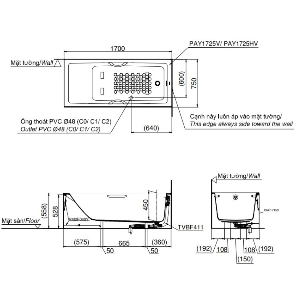 Bồn tắm yếm TOTO PAY1725HVC kèm bộ xả TVBF411 - 4