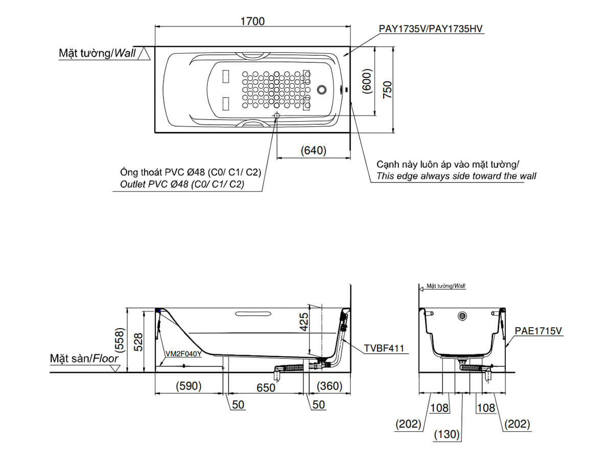 Bồn tắm yếm TOTO PAY1735VC kèm bộ xả TVBF411 - 4