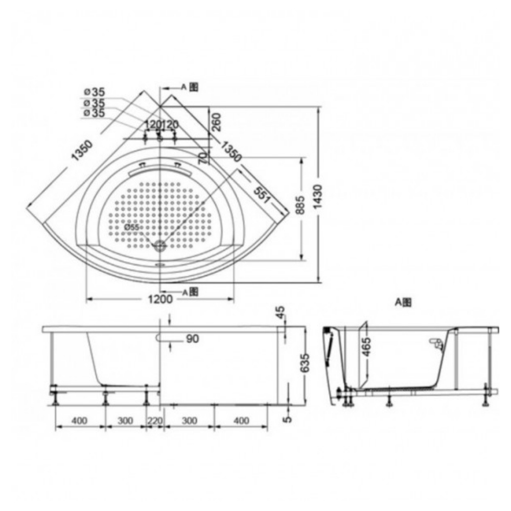 Bồn tắm yếm TOTO PPY1353-3HPE-P kèm bộ xả TVBF412, tay vịn DB505R-2B - 5