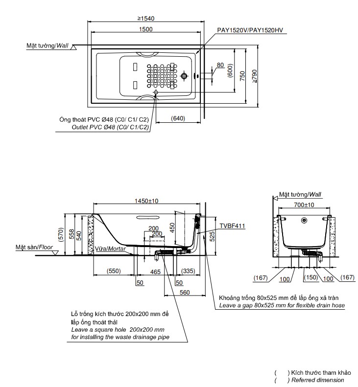 Bồn tắm TOTO PAY1520V kèm bộ xả TVBF411 - 4
