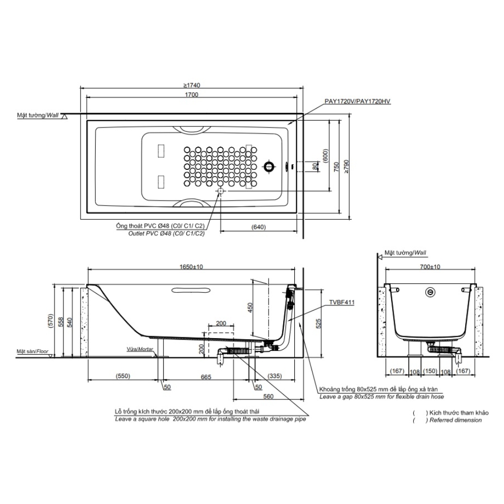 Bồn tắm TOTO PAY1720HV kèm bộ xả TVBF411 - 4