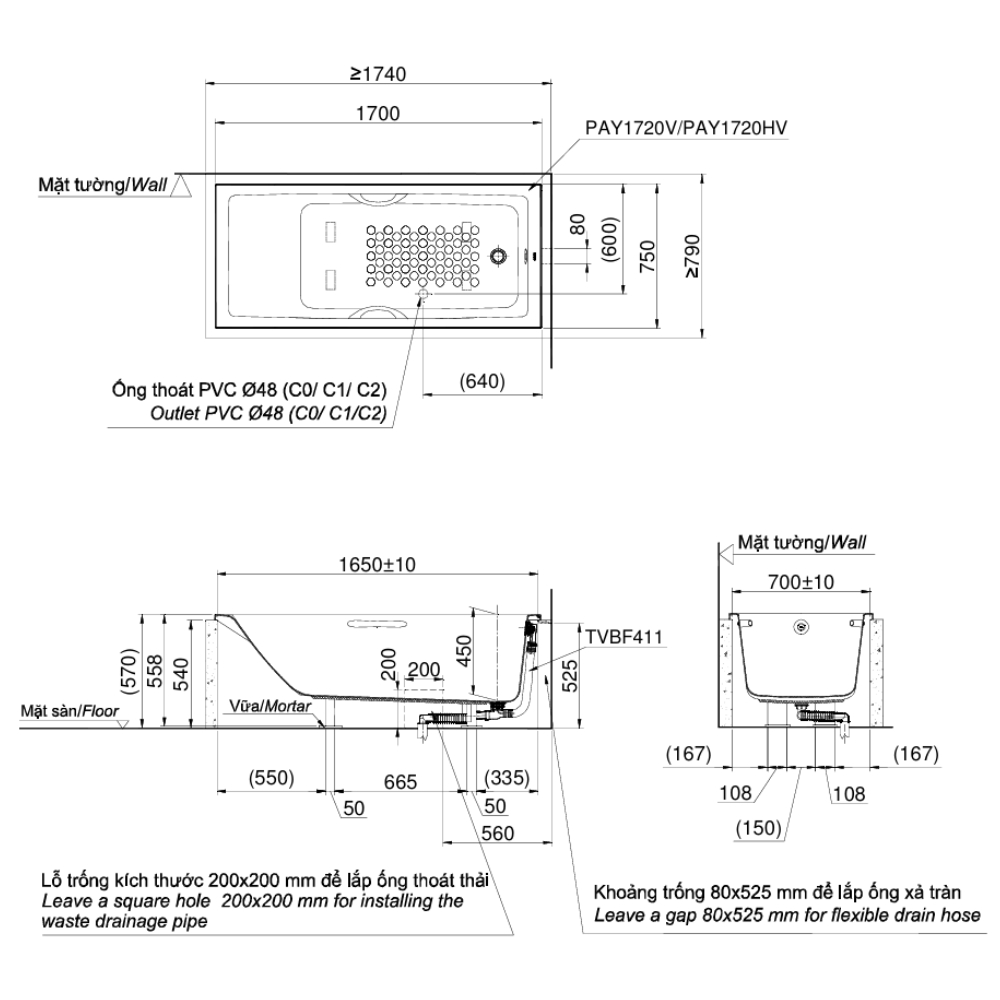 Bồn tắm TOTO PAY1720V kèm bộ xả TVBF411 - 4