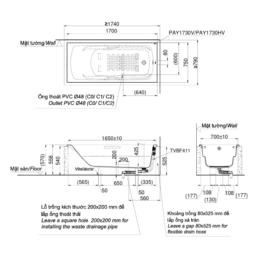 Bồn tắm TOTO PAY1730HV kèm bộ xả TVBF411 - 4