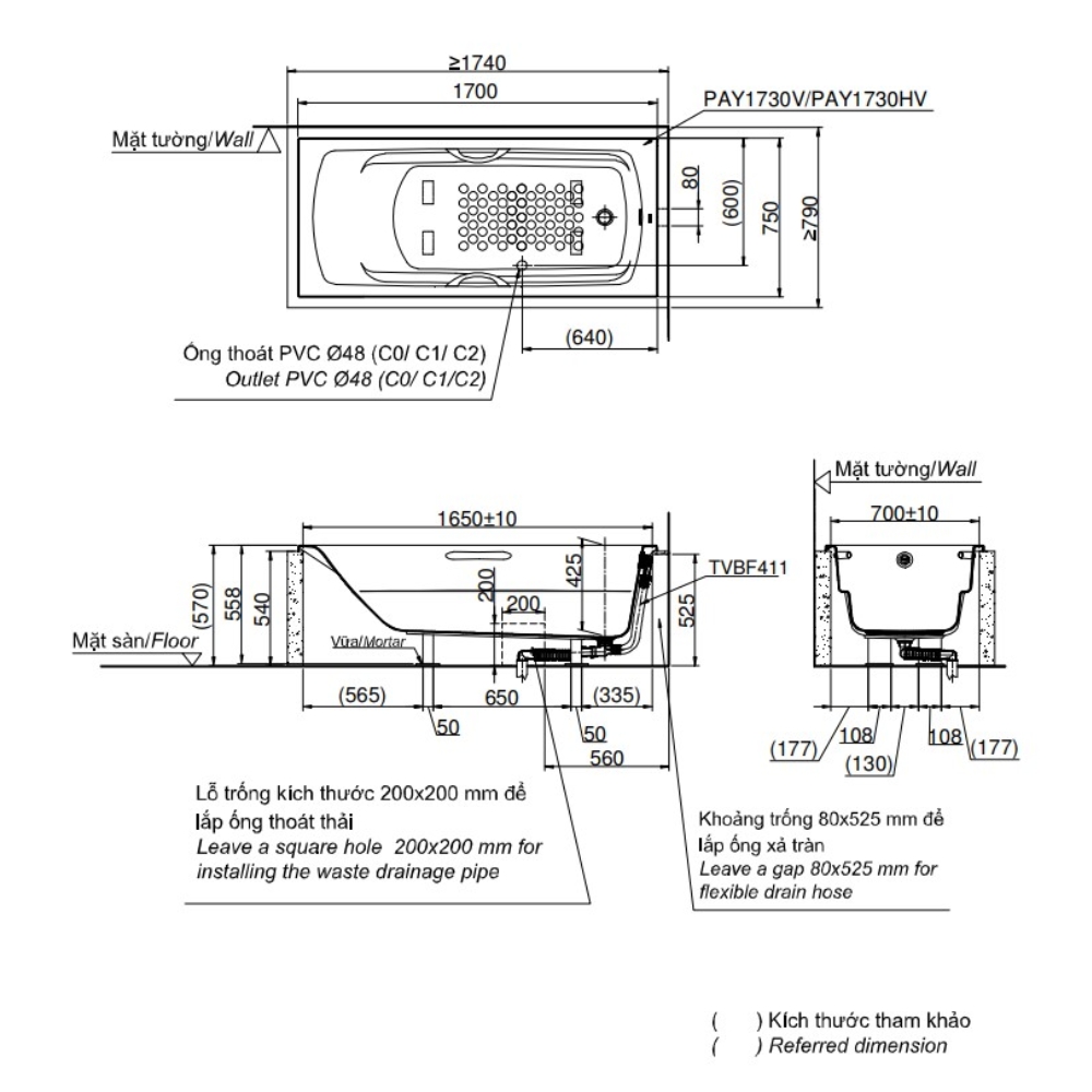 Bồn tắm TOTO PAY1730V kèm bộ xả TVBF411 - 4
