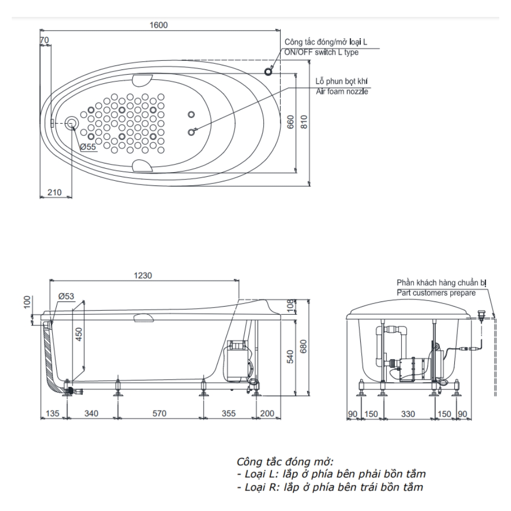 Bồn tắm TOTO PPYB1610RHPTE-P kèm bộ xả TVBF412 - 2