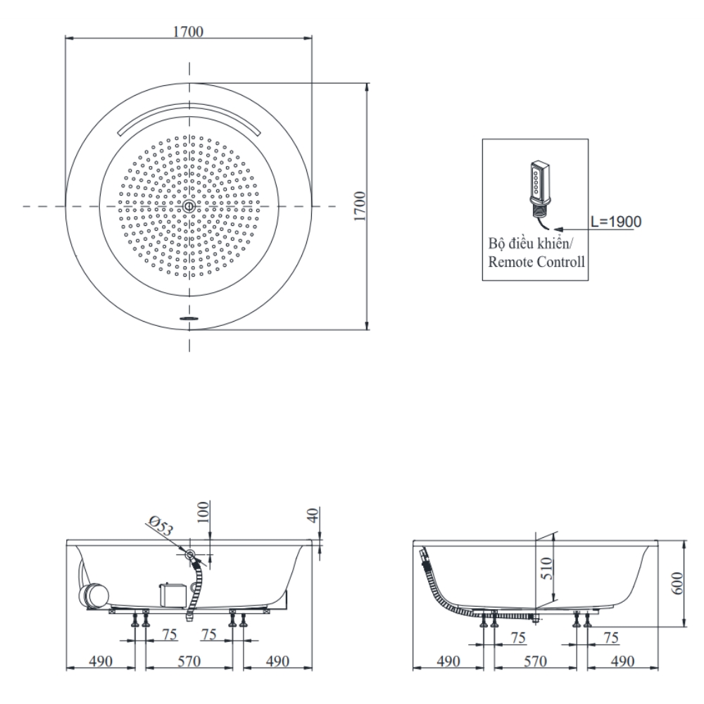 Bồn tắm TOTO PPYB1720HPTE-P kèm bộ xả TVBF412 - 2