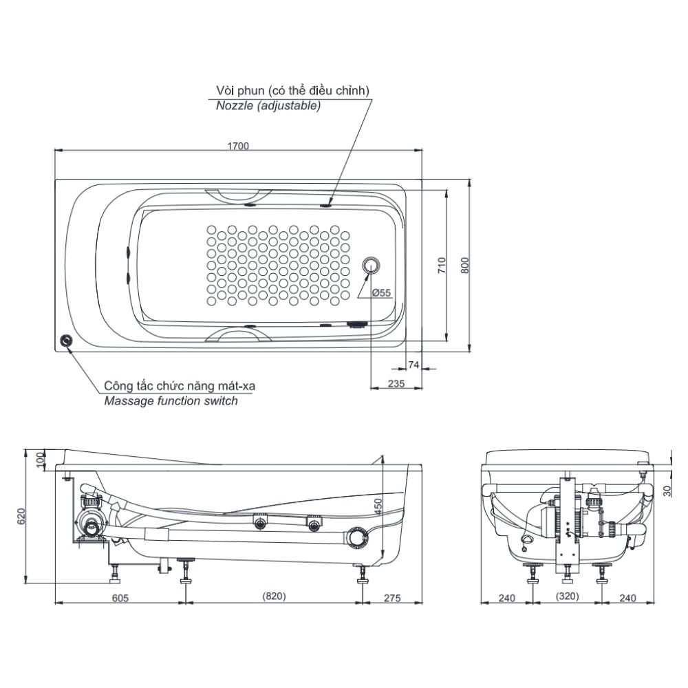 Bồn tắm massage TOTO PPYK1760ZLHPNE-P kèm bộ xả TVBF412, tay vịn DB505R-2B - 5