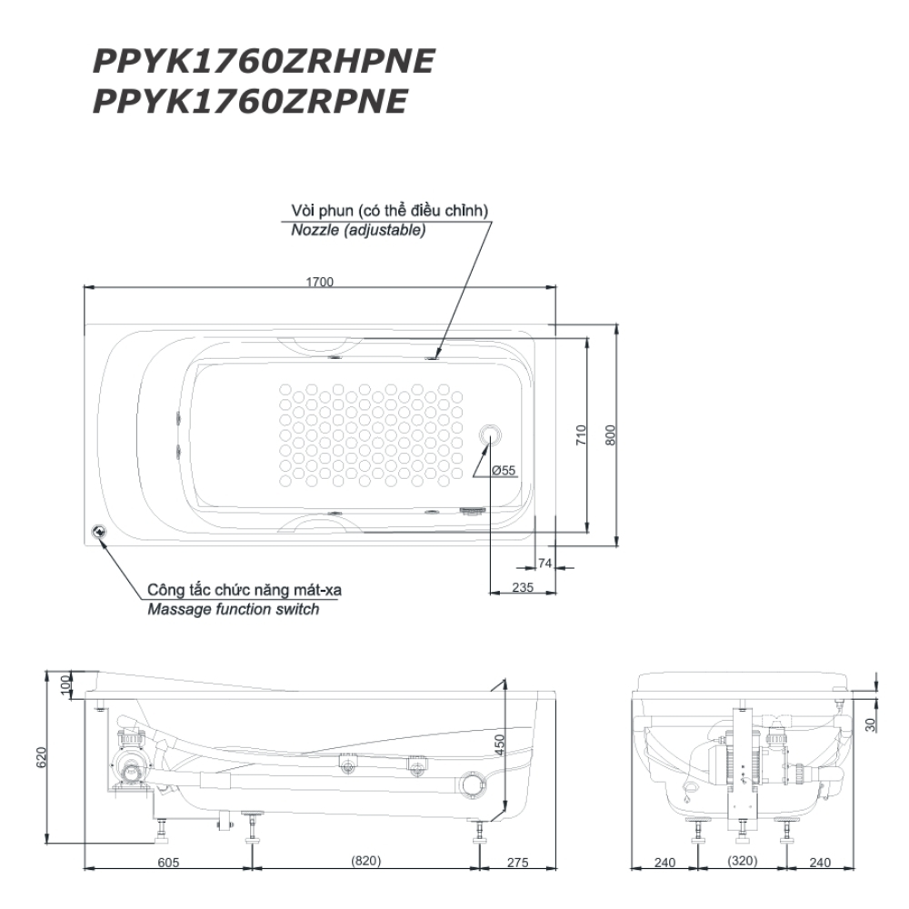 Bồn tắm massage TOTO PPYK1760ZRHPNE-P kèm bộ xả TVBF412, tay vịn DB505R-2B - 5
