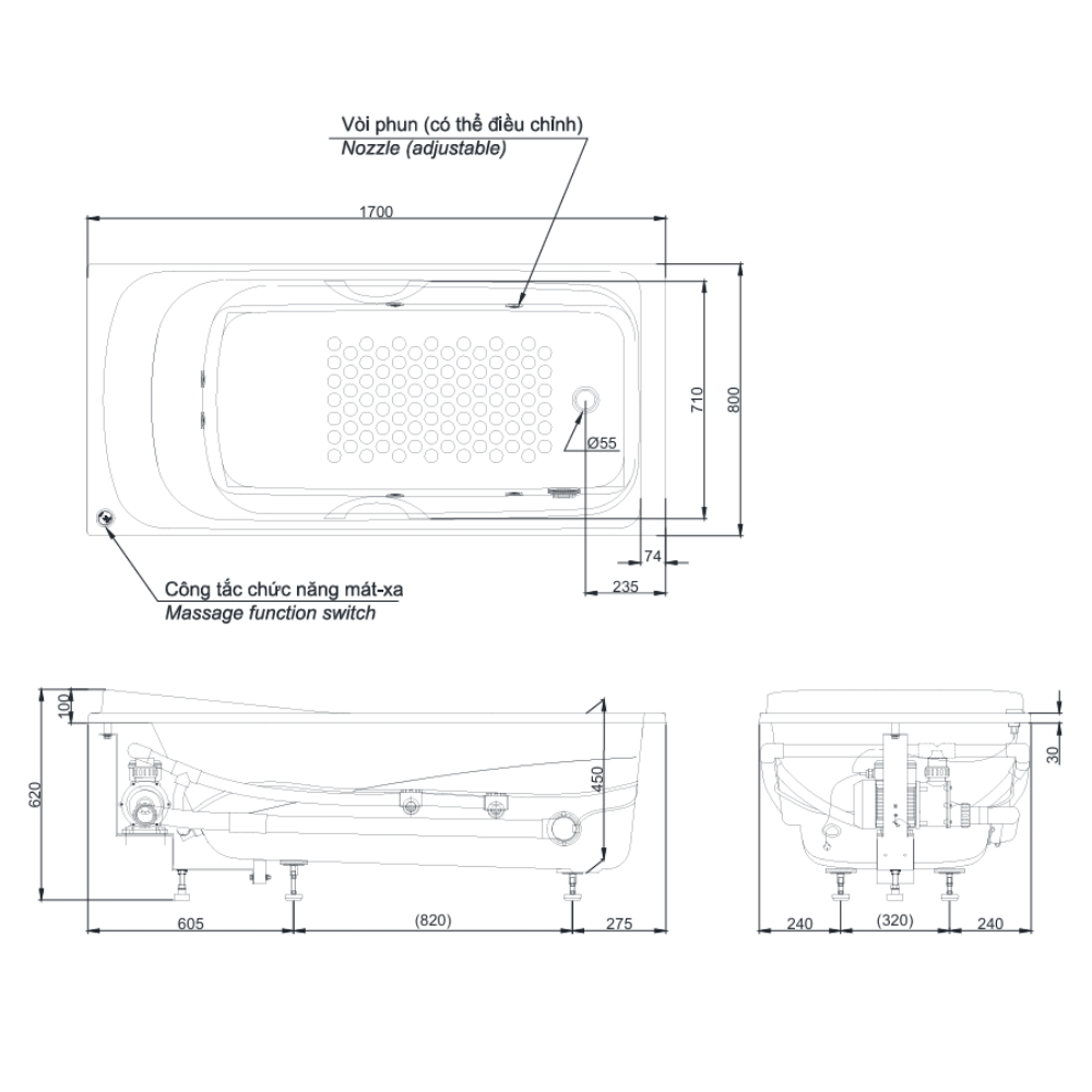 Bồn tắm massage TOTO PPYK1760ZRPNE-P kèm bộ xả TVBF412, tay vịn DB505R-2B - 5