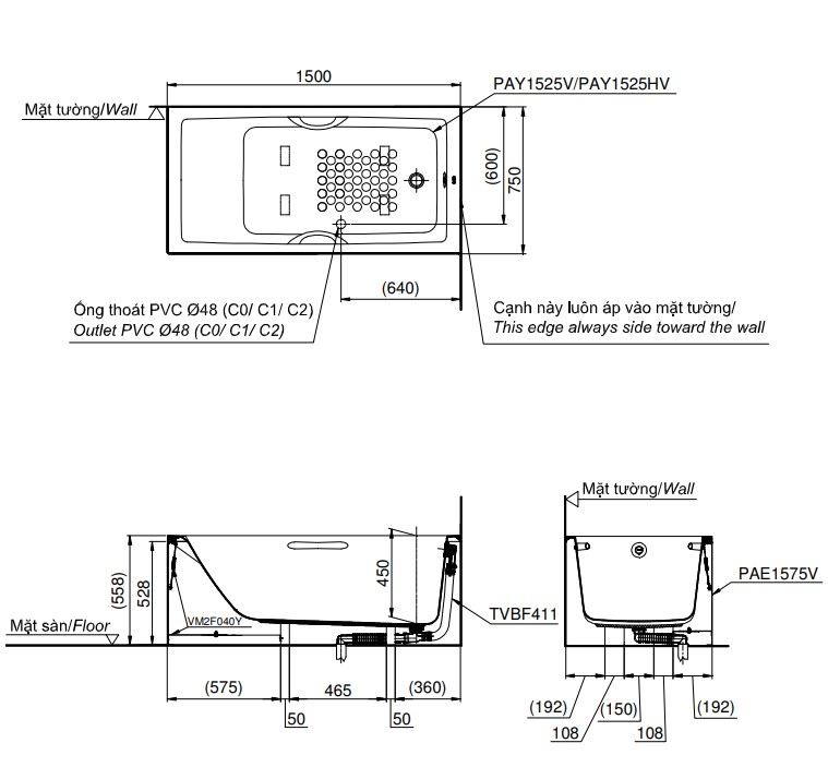 Bồn tắm yếm TOTO PAY1525VC#W nhựa 1m5 - 3