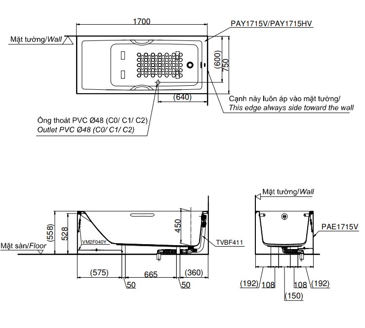 Bồn tắm yếm TOTO PAY1715VC#W nhựa 1m7 - 3