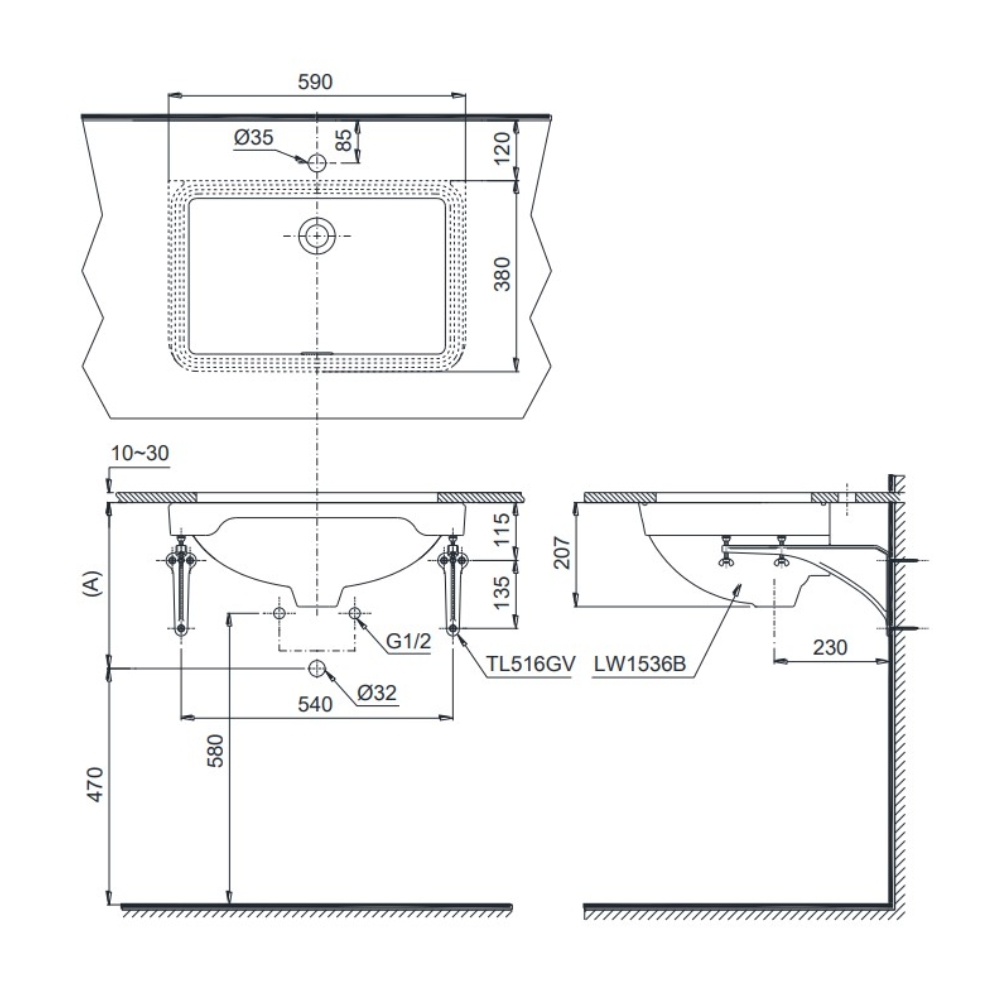 Chậu rửa mặt lavabo âm bàn TOTO LW1536V#XW TL516GV kèm giá đỡ LW1536V#XW/TL516GV - 4