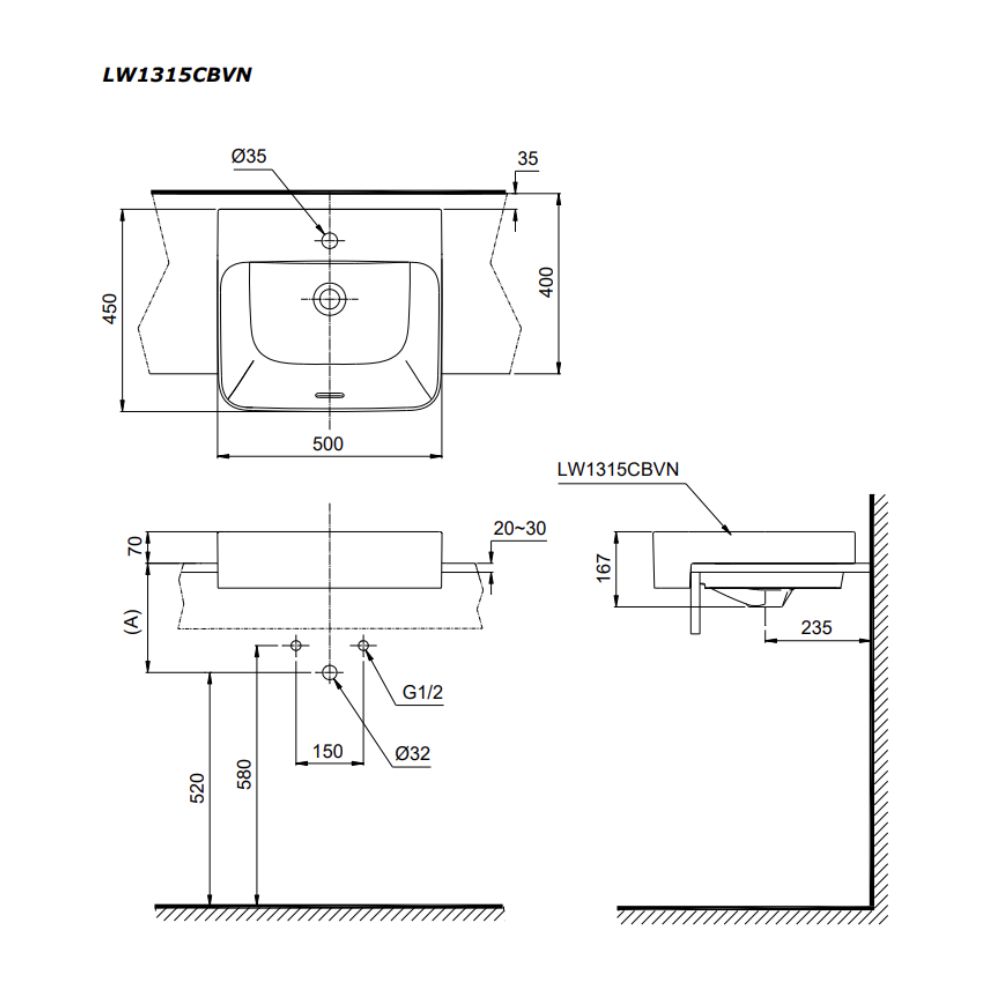 Chậu rửa mặt lavabo bán âm TOTO LW1315CBVN LW1315CBVN#XW - 2