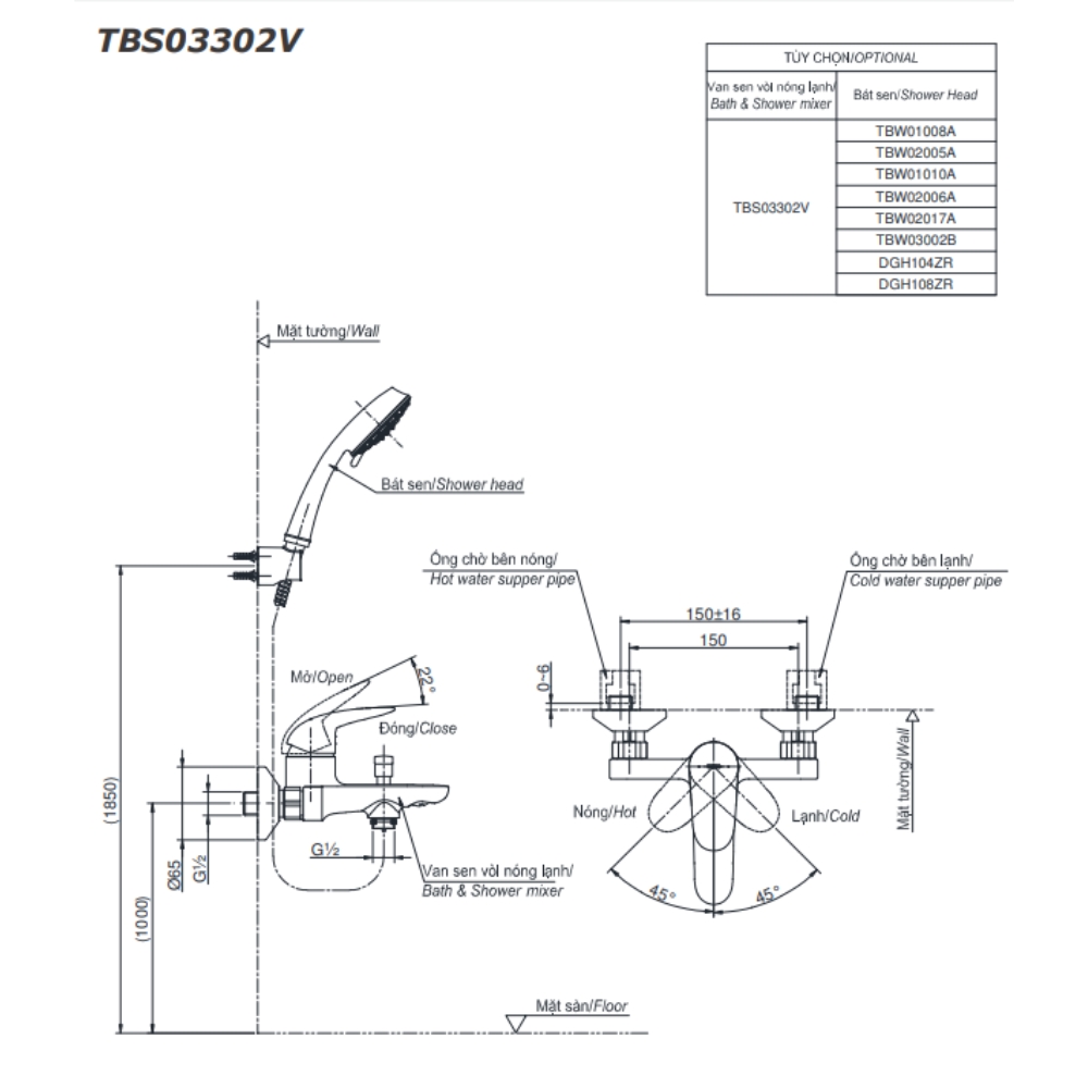 Bộ sen tắm nóng lạnh TOTO TBS03302V TBW01010A (3 chế độ) TBS03302V/TBW01010A - 3