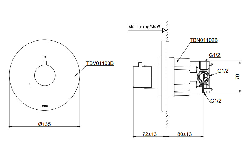 Van chuyển hướng 2 đường nước TOTO TBV01103B kèm phụ kiện âm tường TBN01102B TBV01103B/TBN01102B - 5