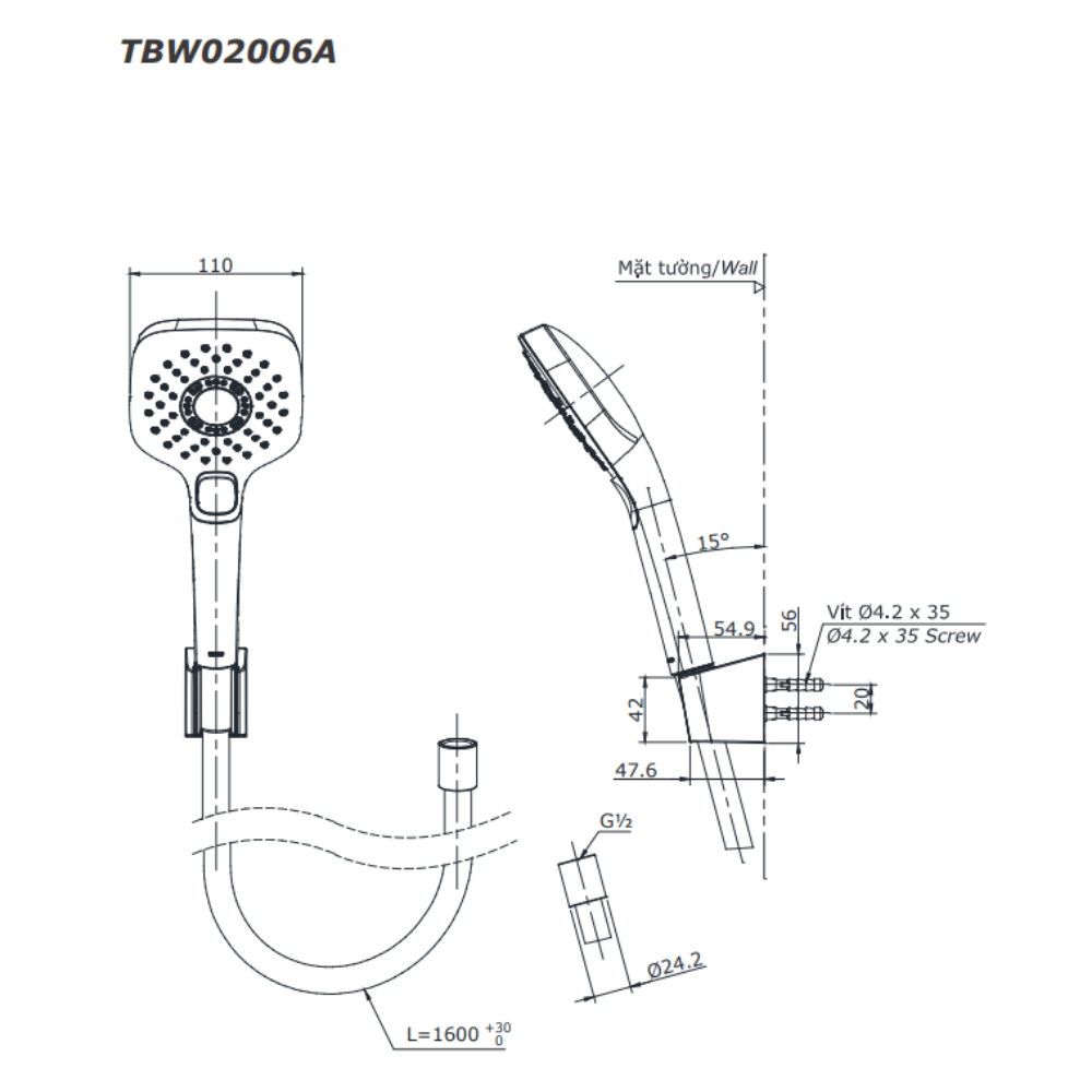 Bộ sen tắm nóng lạnh TOTO TBS01302V TBW02006A (3 chế độ) TBS01302V/TBW02006A - 5