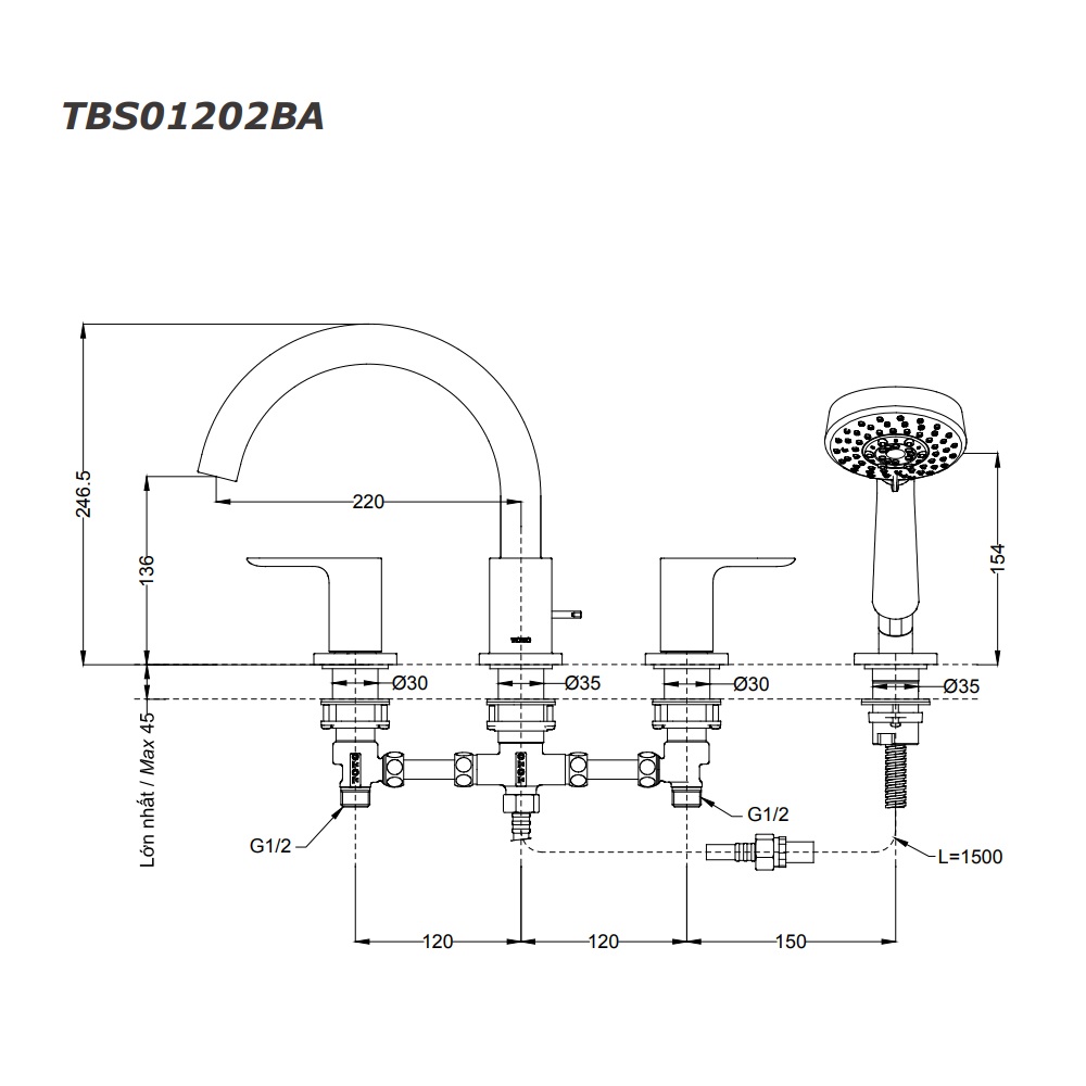 Vòi xả bồn tắm TOTO TBS01202BA nóng lạnh kèm tay sen - 2