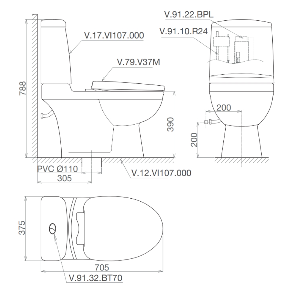 Bồn cầu 2 khối Viglacera VI107 nắp êm VI107 - 2