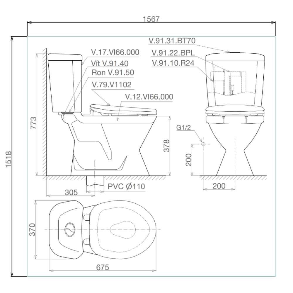 Bồn cầu 2 khối Viglacera VI66 nắp thường / nắp êm VI66 (NAP V1102) - 2