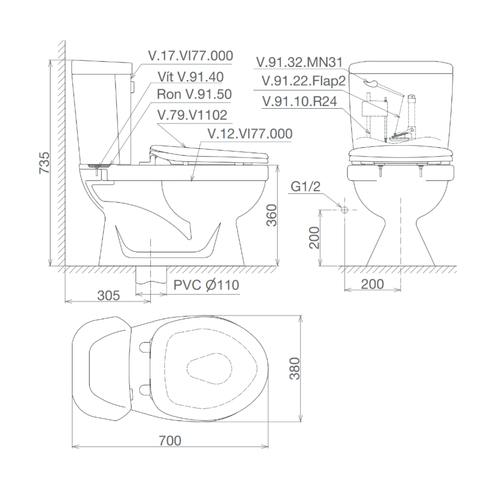 Bồn cầu 2 khối Viglacera VI77 nắp thường (+ lavabo VTL2) VI77 - 2