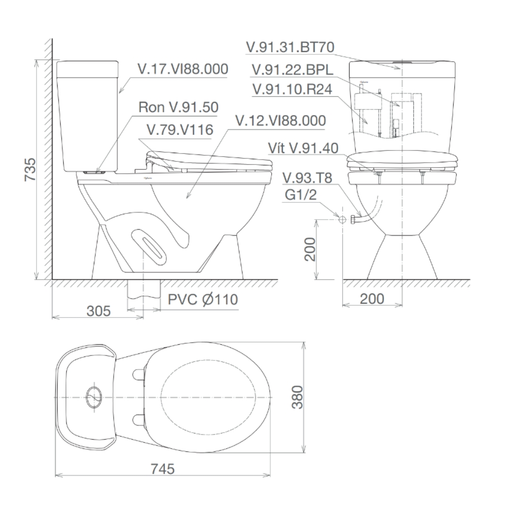 Bồn cầu 2 khối Viglacera VI88 nắp thường / nắp êm VI88 (NAP V1102) - 2