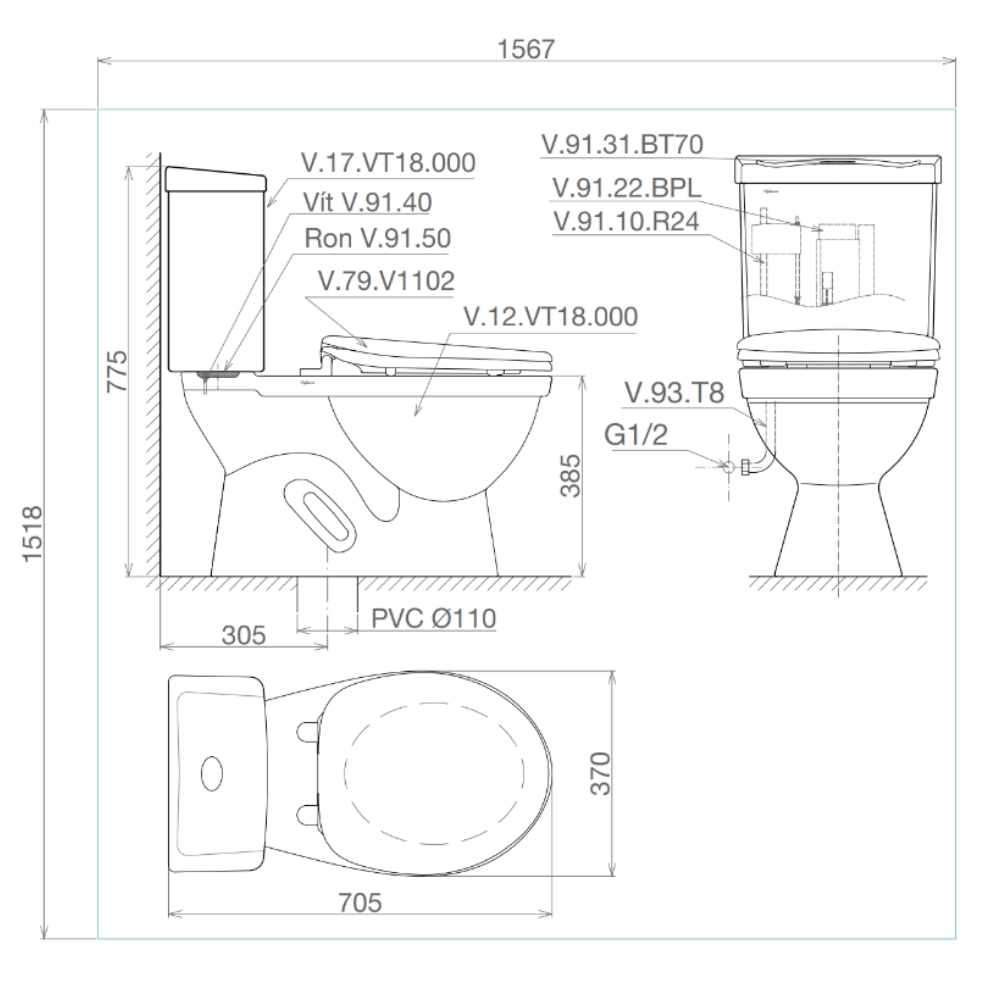 Bồn cầu 2 khối Viglacera VT18M nắp thường / nắp êm VT18M (NAP V1102) - 2
