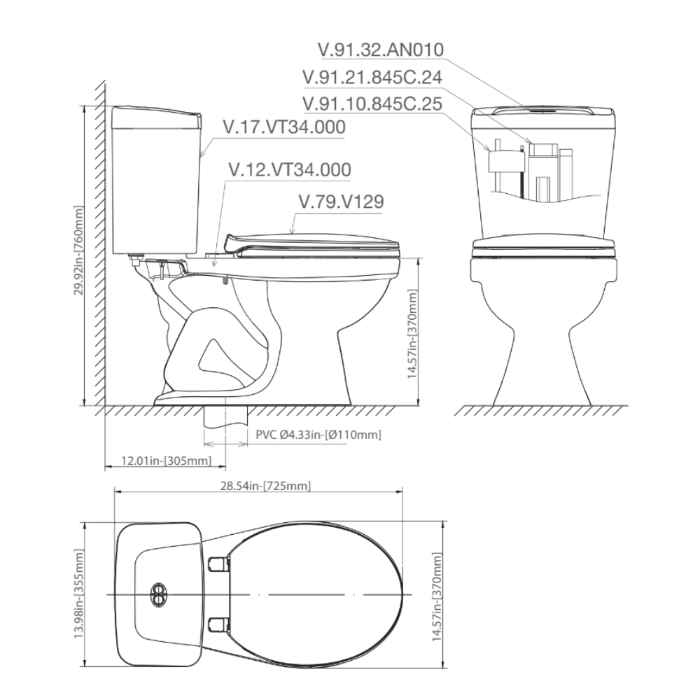 Bồn cầu 2 khối Viglacera VT34 nắp thường / nắp êm VT34 (NAP V1102) - 2