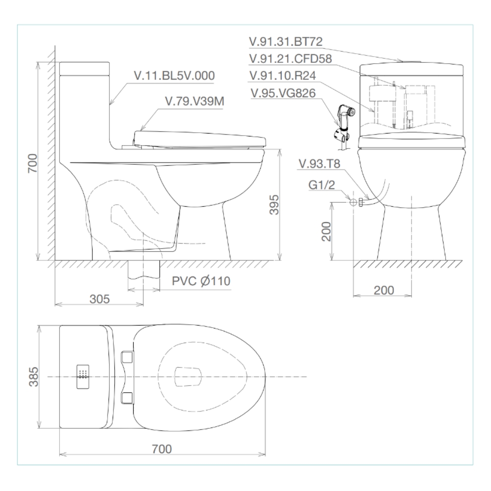 Bồn cầu 1 khối Viglacera BL5V nắp êm xả xoáy (+ vòi xịt VG826) BL5V - 2
