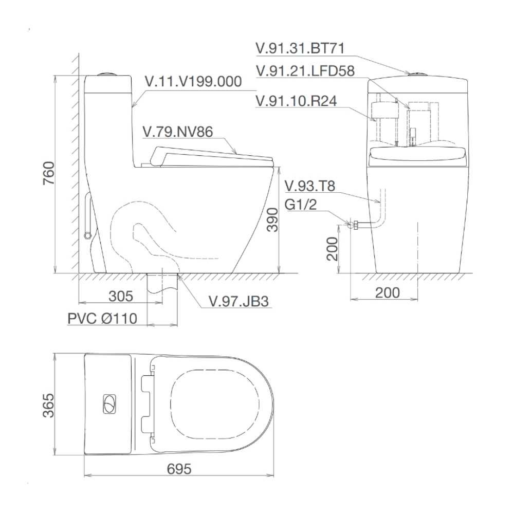 Bồn cầu 1 khối Viglacera V199 nắp êm (+ vòi xịt VG826 & van VG853) V199 - 2