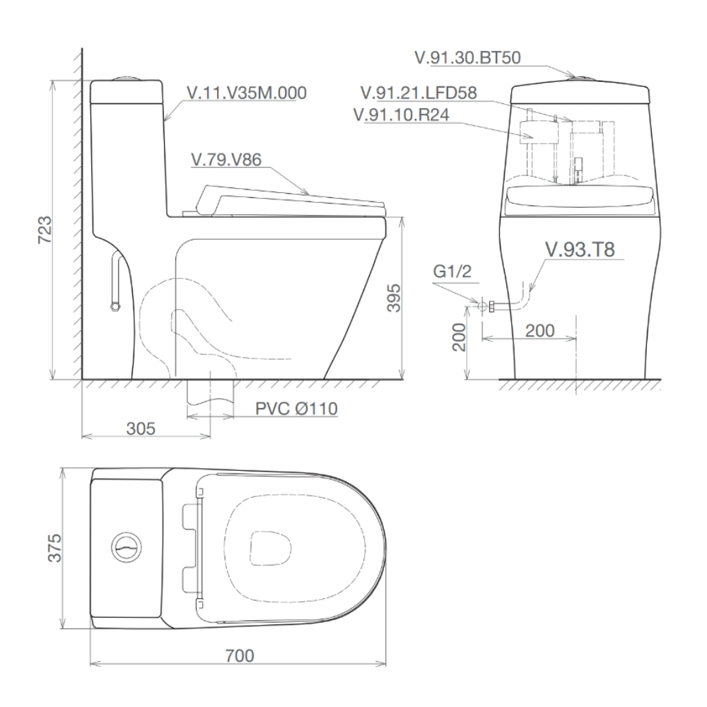 Bồn cầu 1 khối Viglacera V35M nắp êm xả xoáy (+ vòi xịt VG826) V35M - 2