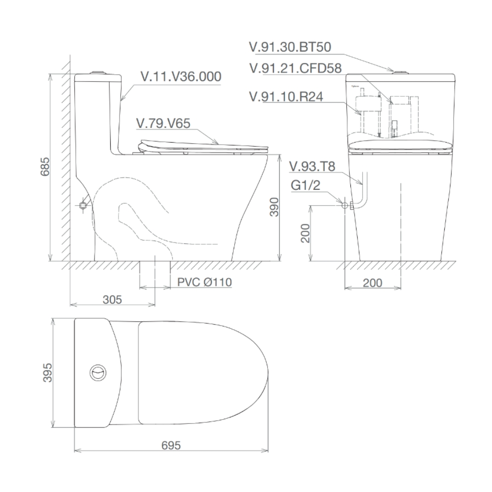 Bồn cầu 1 khối Viglacera V36 nắp êm (+ vòi xịt VG826) V36 - 2