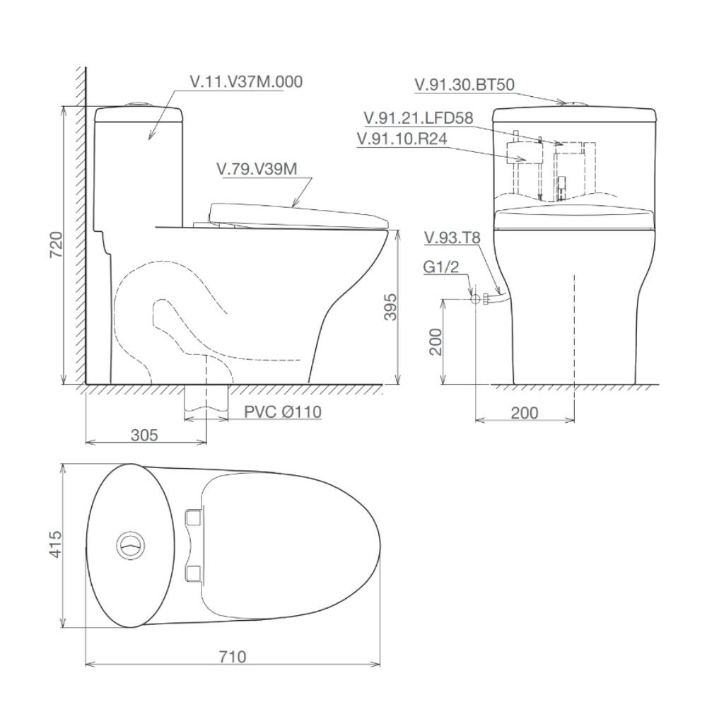 Bồn cầu 1 khối Viglacera V37S nắp êm tráp nhựa con thỏ rời (+ vòi xịt VG826) V37S - 2