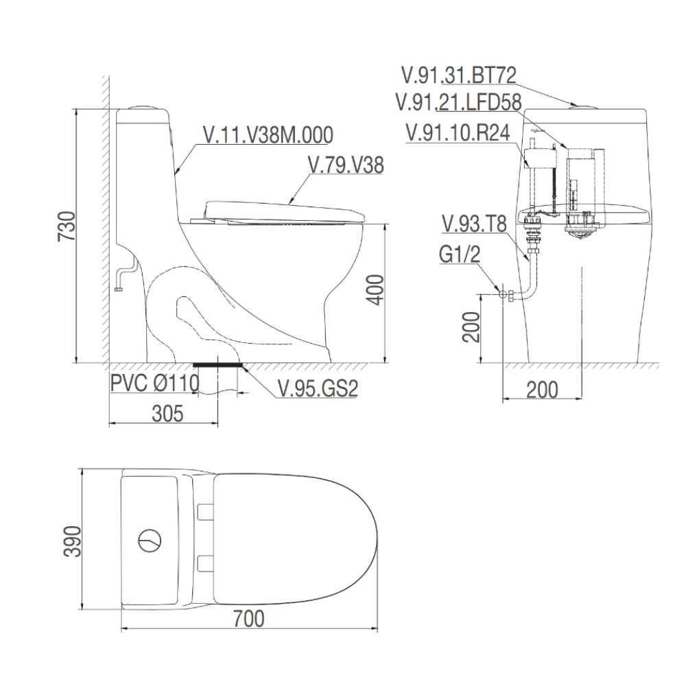 Bồn cầu 1 khối Viglacera V38M nắp êm xả xoáy (+ vòi xịt VG826) V38M - 2