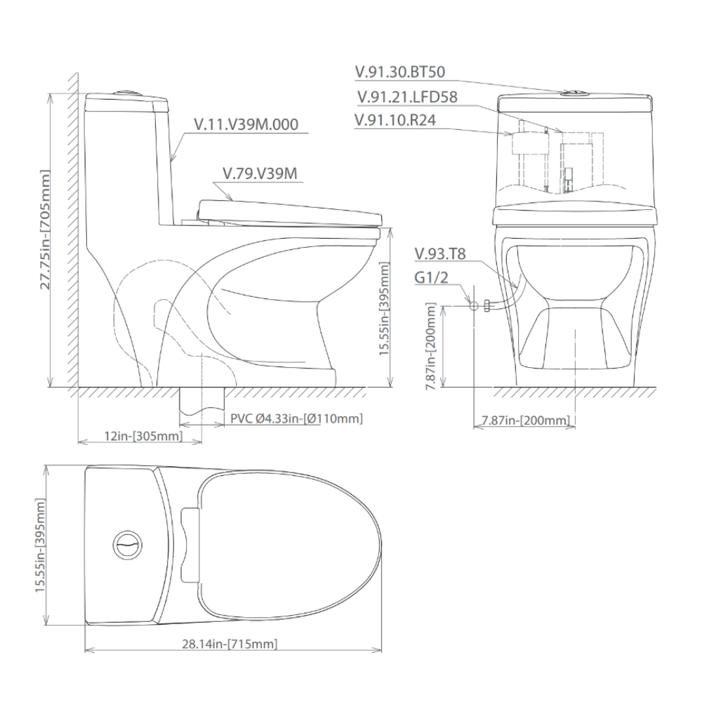 Bồn cầu 1 khối Viglacera V39 nắp êm xả thẳng (+ vòi xịt VG826) V39 - 2