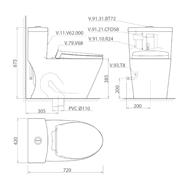 Bồn cầu 1 khối Viglacera V62 nắp êm (+ vòi xịt VG826 & van VG853) V62 - 2