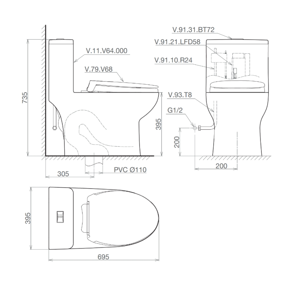 Bồn cầu 1 khối Viglacera V64 nắp êm (+ vòi xịt VG826 & van VG853) V64 - 2