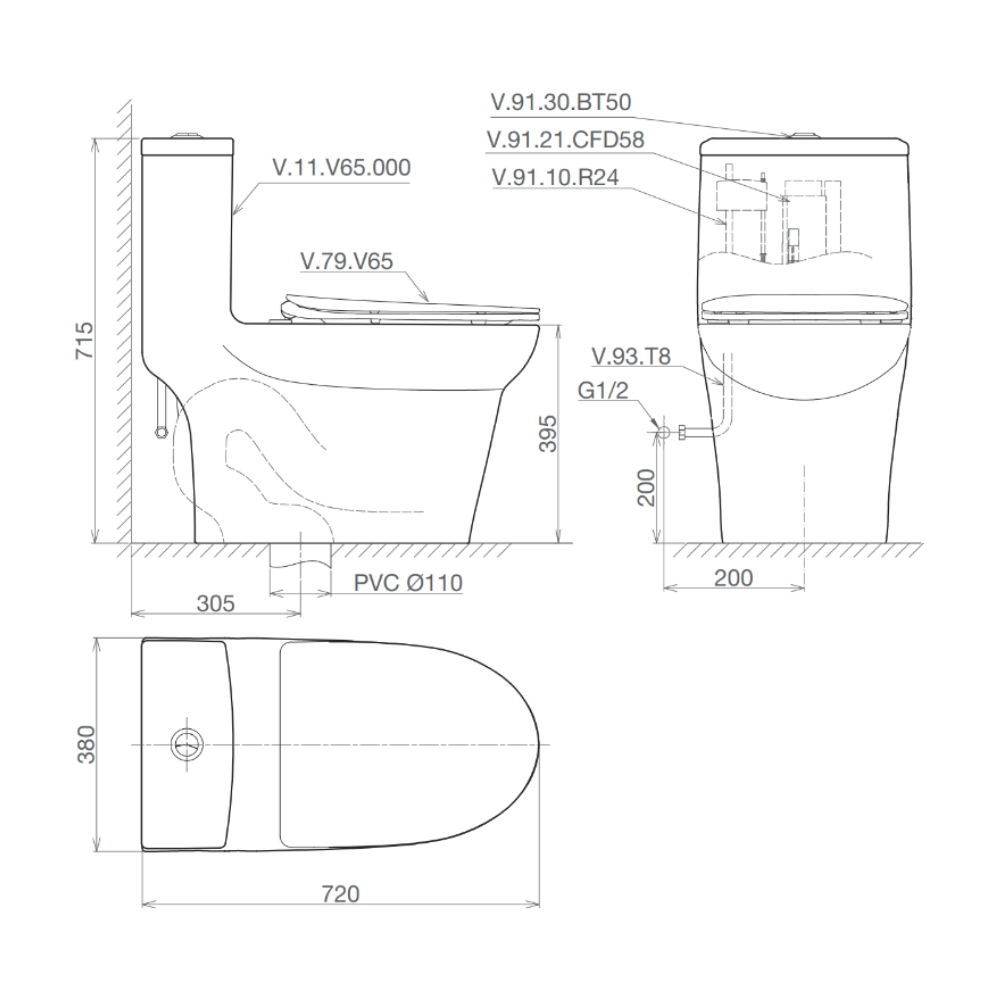 Bồn cầu 1 khối Viglacera V65 nắp êm (+ vòi xịt VG826 & van VG853) V65 - 2