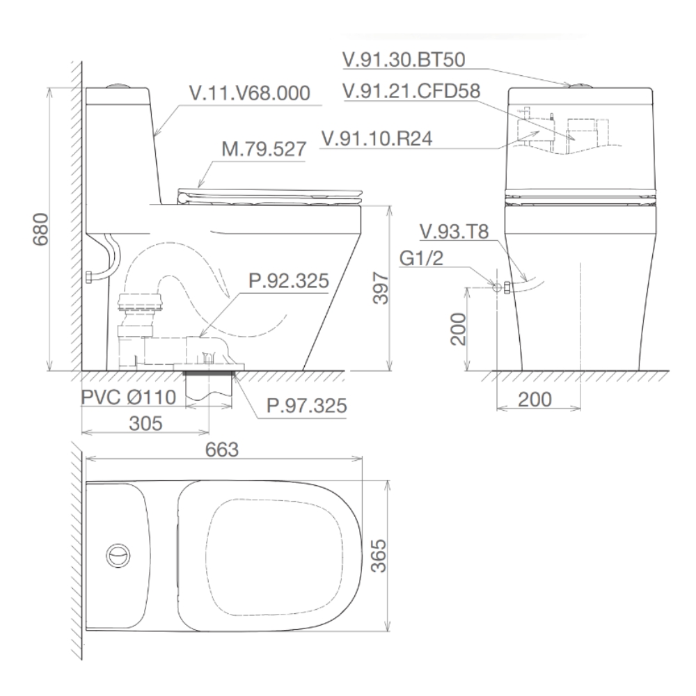 Bồn cầu 1 khối Viglacera V68 nắp êm (+ vòi xịt VG826 & van VG853) V68 - 2