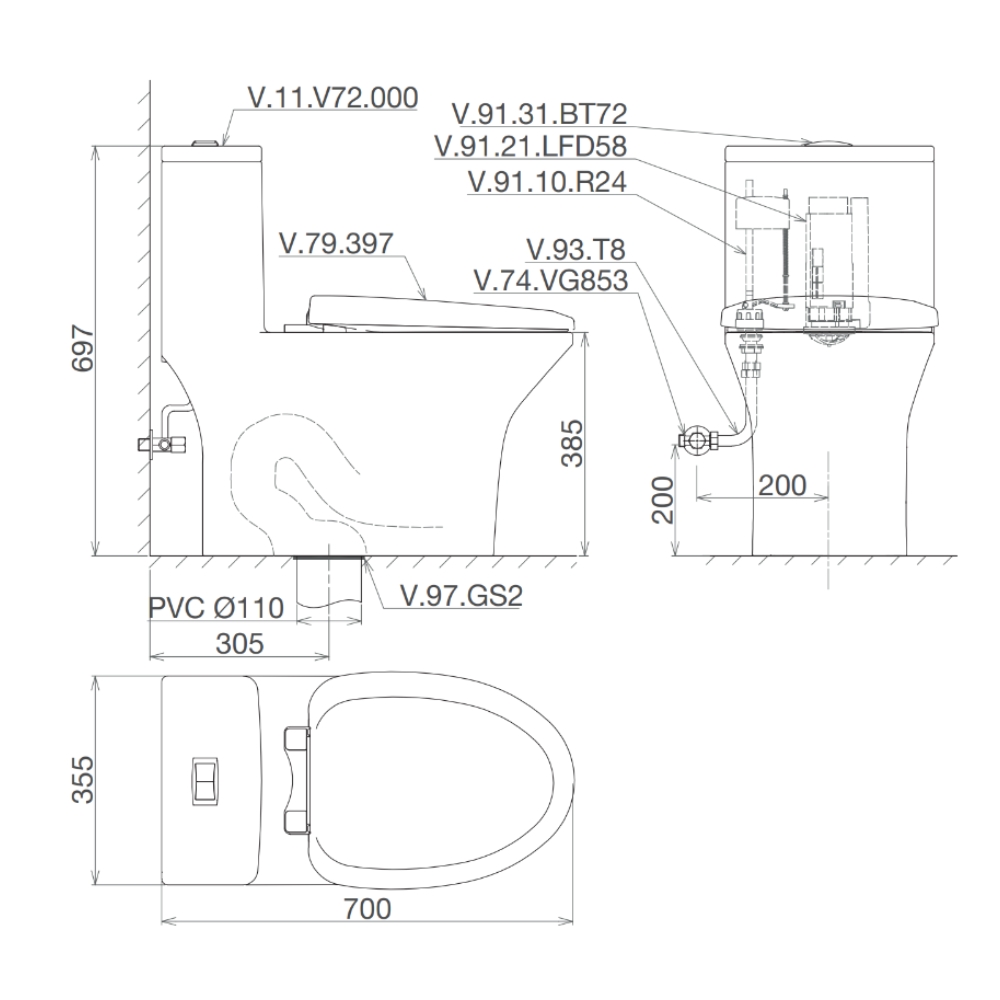 Bồn cầu 1 khối Viglacera V72-CAU nắp êm (+ vòi xịt VG826) V72-CAU - 2