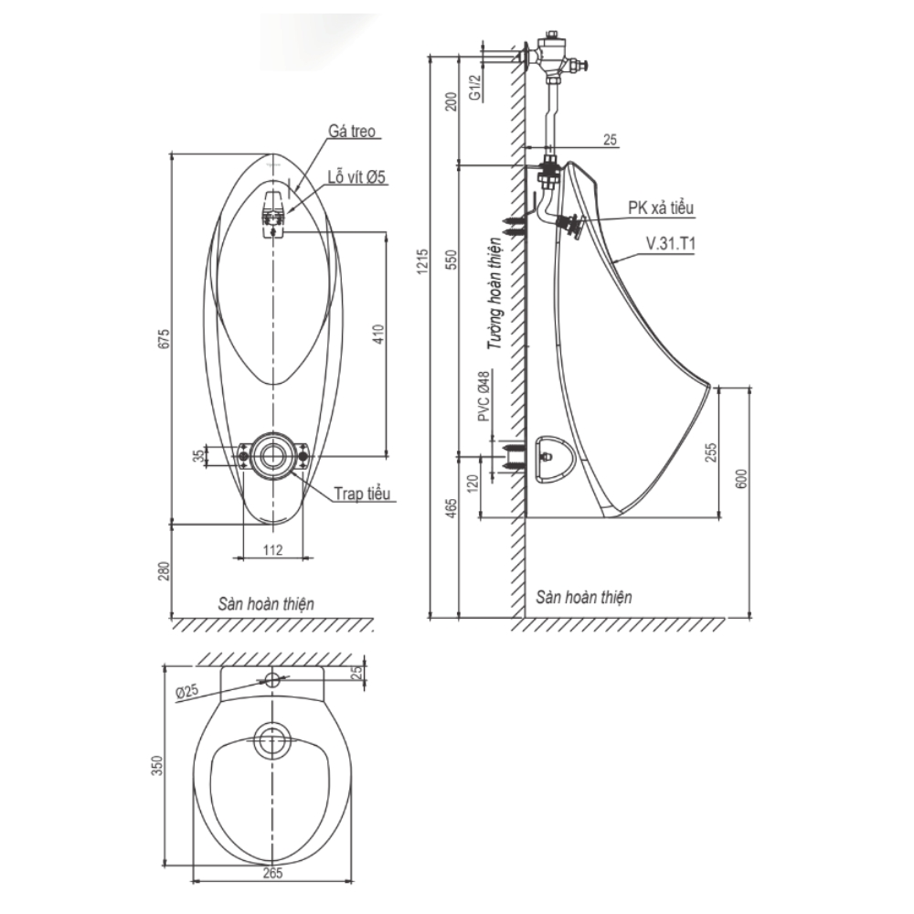 Bồn tiểu nam treo tường Viglacera T1 T1 - 2