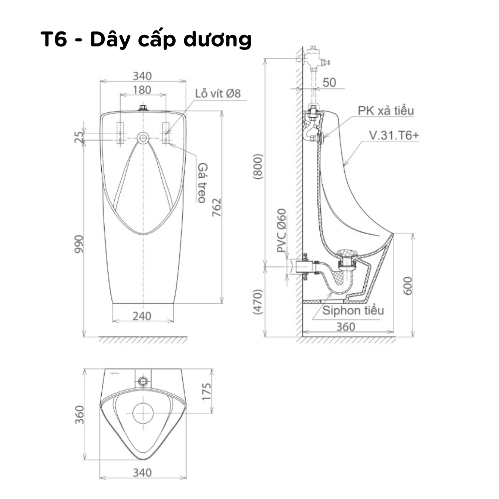 Bồn tiểu nam treo tường Viglacera T6 T6-AM - 2