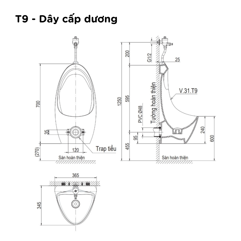 Bồn tiểu nam treo tường Viglacera T9 T9-AM - 2