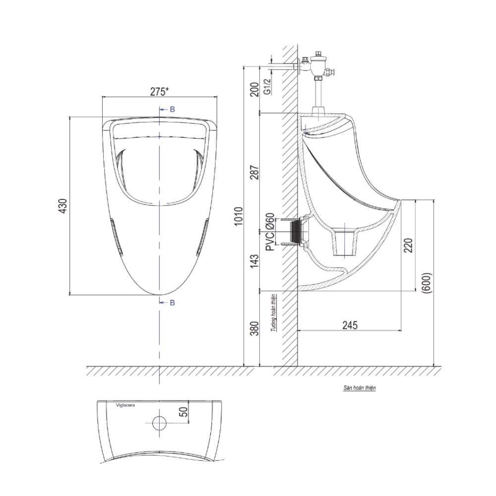 Bồn tiểu nam treo tường Viglacera TT3 TT3 - 2